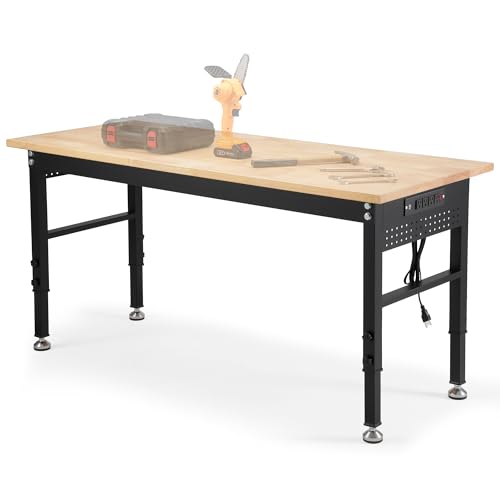 60 Adjustable Workbench with Rubberwood Top & Power Outlet Large 60 x24Inch 9-Level Height Range 27-37 2000 LBS Heavy Duty Capacity for Workshop Office Garage Home