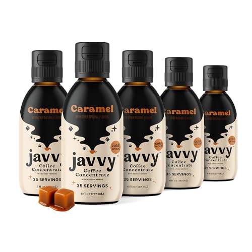 Image of Javvy Cold Brew Coffee Concentrate Instant Coffee, Caramel, 5 Pack | 100% Real Coffee, 0g Sugar, No Artificial Flavors, 60-80mg Caffeine per Serving, Gluten Free, Makes Hot or Iced Coffee