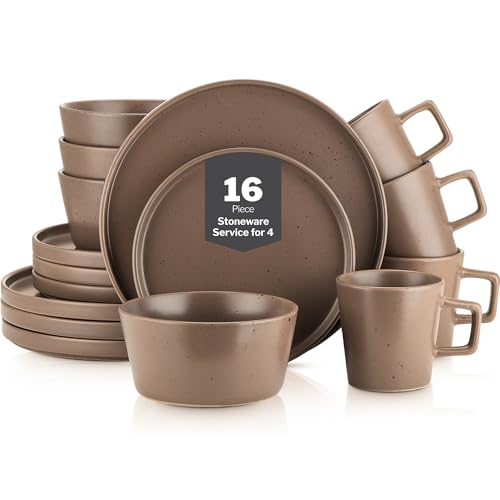 Image of Stone Lain 16 Piece Stoneware Dinnerware Set, Service for 4, Brown Matte