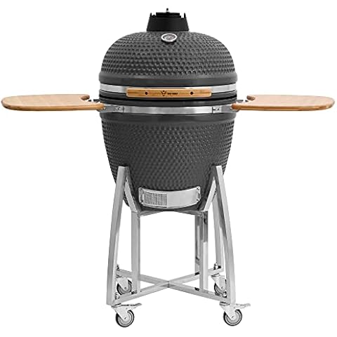 BBQ-Toro Kamado Grill | Holzkohlegrill Kuro Ø 46 cm mit Bambusablage, Thermometer, Holzgriff | Grau | Holzkohlegrill mit Rollen, Keramikgrill Kamado, Keramik Grill Cover