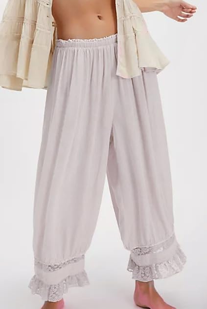 Image of UAURORAO Women Lace Trim Long Bloomers Elastic Mid Rise Ruffle Pantaloons Cropped Flared Slips Pants Pajama Bottoms