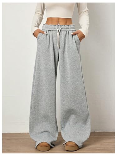 Women's Foldover Drawstring High Waisted Sweatpants Wide Leg Split Baggy Workout Trousers Pants4