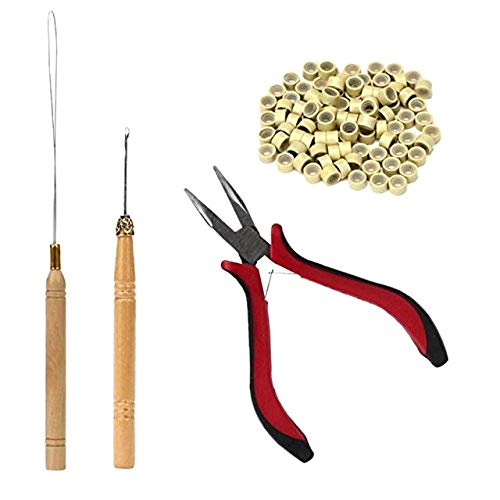 Professional Hair Extension Kit Pliers Pulling Hook Needle Bead Device Tool with 200PCS Silicone Lined Micro Rings (Beige)