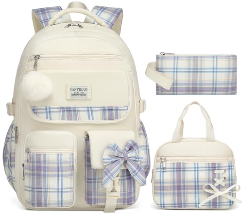 Image of Backpack for School Girls, 3Pcs Kids Cute Bookbag with Lunch Box Pencil Pouch, Student Pack Fits 15.6 Inch Laptop for Teens bag for Kindergarten Elementary Preschool Middle School, Beige Tartan