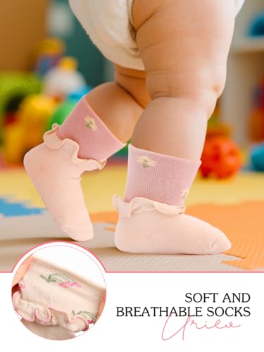 Urieo Baby Crew Socks Toddler Girls Ruffle Socks Flower Comfy Cotton Ankle Socks for 1/2/3T3