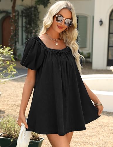 Image of Women Denim Dress Puff Short Sleeve Square Neck Jean Dress 2026 | Two Side Pockets, Babydoll Mini Dress, Stretchy Breathable Fabric, Casual Daily Outfits, Western Counrty Concert Outfits