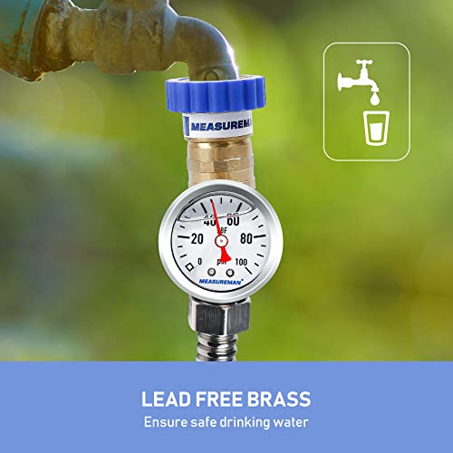 Image of MEASUREMAN Lead-Free Brass Water Pressure Regulator 3 /4 inch GHT, 0-100 PSI Pressure Gauge 1.5 inch Dial x 1 /8 inch NPT Back Mount, Garden Hose Pressure Regulator for RV, Camper, Trailer, Plumbing System