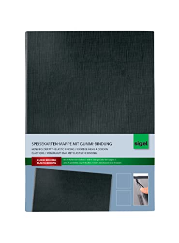 Sigel SM115 Menu Folder with Elastic Binding, Black, with 2 Double Transparent Pockets for 8 Pages, for A5