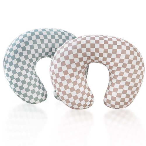Image of DILIMI 2 Pack Nursing Pillow Cover, Stretchy Removable Case for Breastfeeding Pillows, Ultra Soft Comfortable Slipcover for Baby Girl and Boy, Green and Brown Checkered