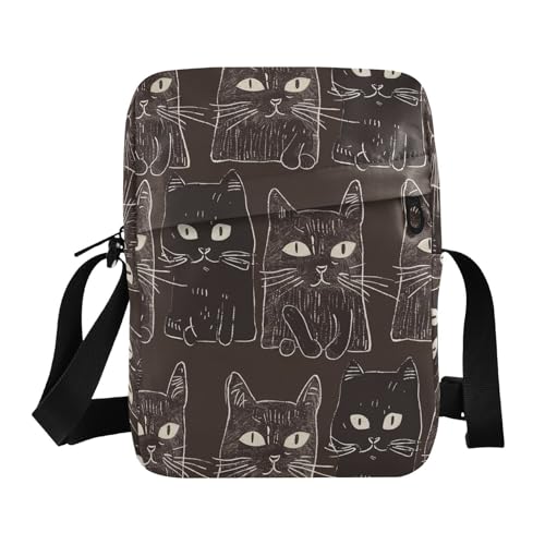 KLL Cartoon Cute Brown Cats Line Art mens messenger bag Vegan Leather cross body bag for woman Travel Shoulder Handbags