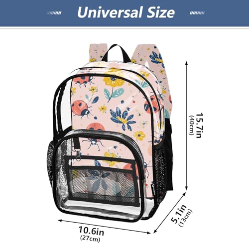 Kids PVC Clear Backpack Ladybugs Flowers Heavy Duty Multi-pockets Large Capacity Transparent See Through Bookbag for School Travel Sport Work4