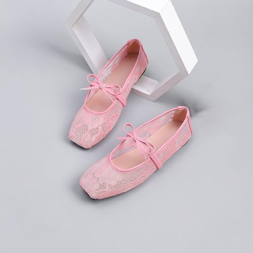 Women's Lace Mesh Mary Jane Flats Square Toe Breathable Non Slip Bowknot Ballet Flats for Casual Summer Party3
