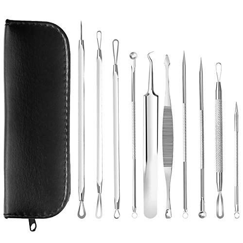 Calary 10Pcs Blackhead Remover Pimple Extractor Tool Comedone Extractor with Leather Bag (Silver )