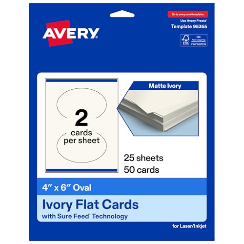 Avery Printable Oval Flat Cards, Sure Feed Technology, 4" x 6", Matte Ivory Cardstock, Print-to-The-Edge, Laser/Inkjet Printable, 50 Total, Great for Product Branding, Marketing, and More by Avery - Used condition - US$7.93