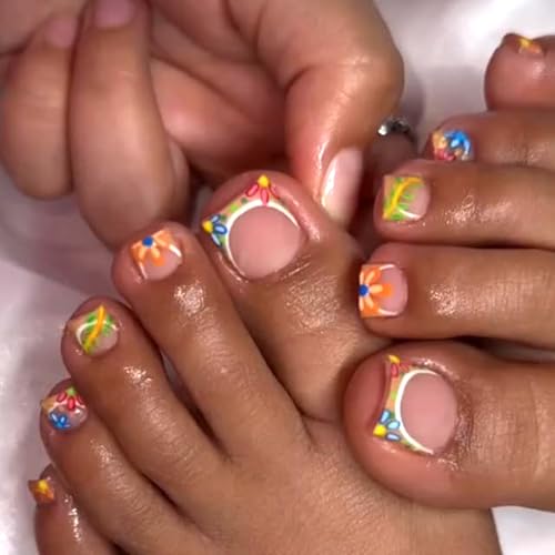 LWTZLW French Tip Press on Toenails Short Square Color Flowers False Toe Nails Color French Tip Glue ons Toe Nail Floral Glossy Acrylic Pressed on Fake Toenails Decorations Reusable for Women