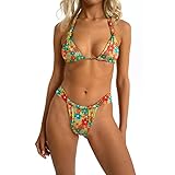 レディース Tバック ビキニセット チーキー ホルター トライアングル ストリング ツーピース 水着 セクシー シャーリング ブラジリアン 水着, レッド&グリーンフラワー, Large