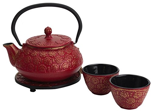 M.V. Trading T8200 Cast Iron Tea Set with Trivet, 22 Ounce, Burgundy Floral Design