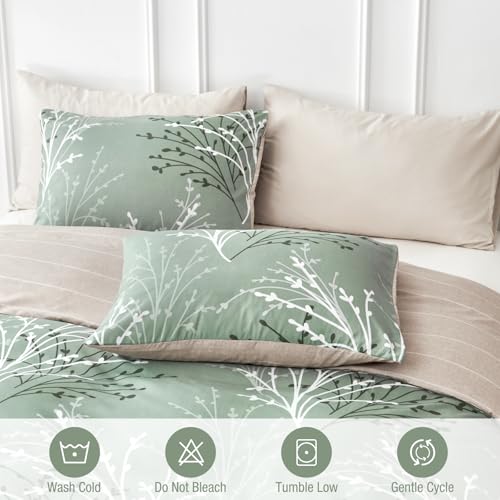 Image of Lekesky Green Duvet Cover King Size, Reversible Floral King Comforter Cover with Branch Pattern, Soft 100% Washed Microfiber 3 Pieces Green Bedding Set with Zipper and 2 Pillowcases 20 inchx36 inch
