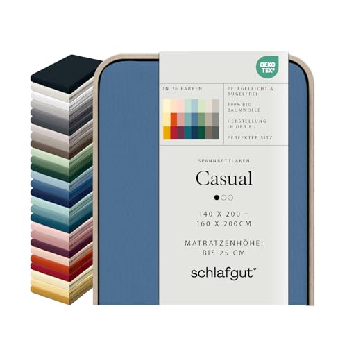 schlafgut Casual Spannbettlaken 100% Bio Baumwolle Made in Green by Oeko TEX (140x200cm bis 160x200cm Matratzenhöhe bis 25cm, Blue Mid)