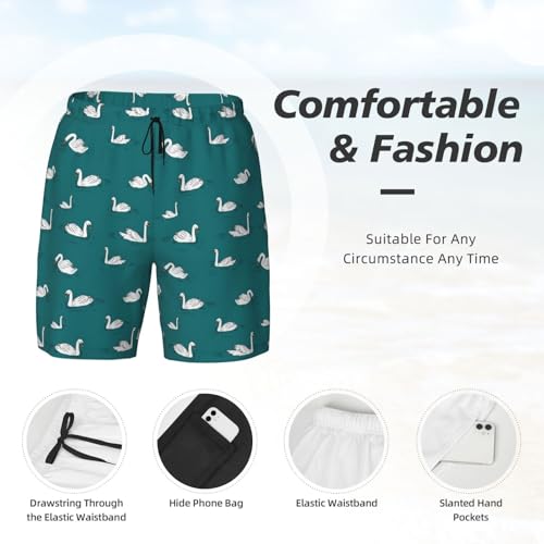 Men's Cute Swans Print Quick-Dry Mesh Swim Trunks Stretch Lining Beach Shorts Surfing Summer Vacations Black4