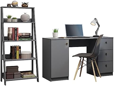 Madesa Desk with Drawer 53″ + Ladder Shelf Free Standing Bookcase – Gray