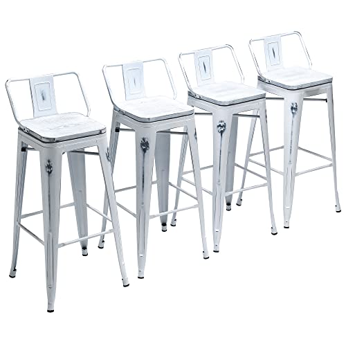 Image of Yongchuang 26 inch Industrial Metal Barstools Set of 4 Counter Height Bar Stools with Back (Wood Top Low Back, Distressed White)