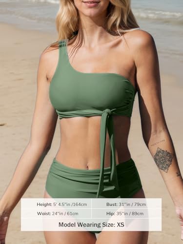 CUPSHE High Waisted Bikini Sets for Women with Ruched Bottom, One Shoulder Two Piece Swimsuit, Tie Front Bathing Suit4