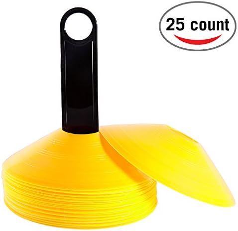 Yogree Agility Disc Cone Set of 25 - Perfect For Soccer, Football & Any Ball Game To Mark - Disc Training Cones - Mini Cones - Field Markers w/ Plastic Holder Yellow