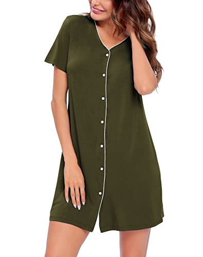 Swomog Women's Button Down Nightgown Short Sleeve Nightshirt V-Neck Sleepwear Boyfriend Sleepshirt Pajama Dress Army Green #TOP1