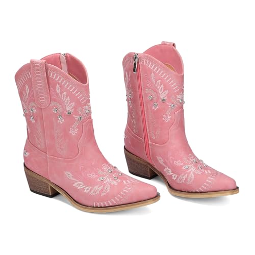 Image of Rhinestone Ankle Cowboy Boots for Women Embroidered Short Cowgirl Boots with Low Heel Side Zipper Comfortable Chunky Heel Western Booties for Prom Party Wedding Pull On Shoes
