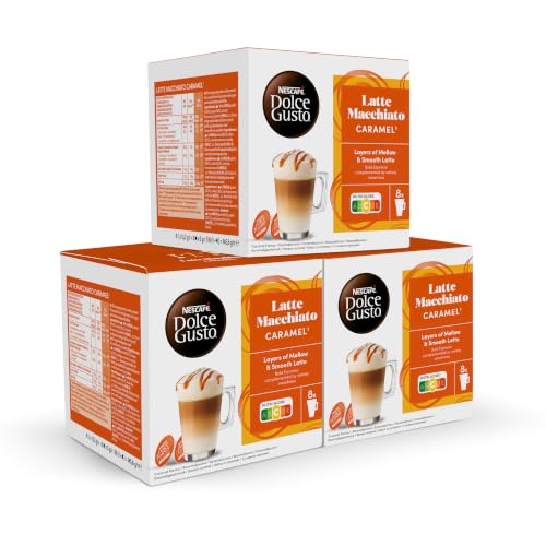 NESCAFÉ Dolce Gusto Latte Macchiato Caramel - Cápsulas de Café, 48 Cápsulas (3 x 16), 8 tazas de café (24 cáps, por taza) - Sabor a caramelo - Originales para cafeteras Dolce Gusto