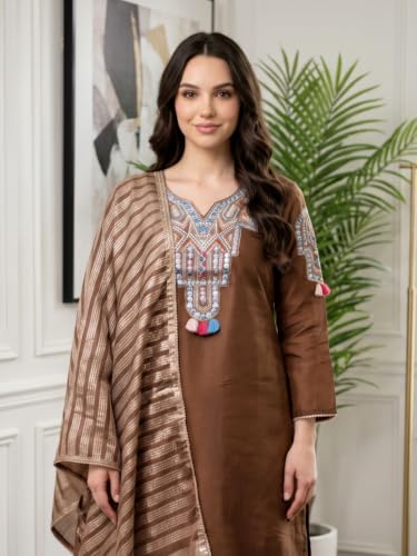 Image of Naixa Women's Pure Cotton Embroidered Straight Kurta with Pant and Dupatta Sets for Wedding and Festival Wear