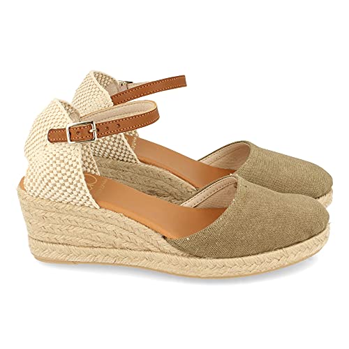 59431-Espadrille Compensee pour Femme, Sandale Confortable, fermee, fabriquee en Espagne, Tige en Toile, Jute 4 Cordes, Fermeture a Boucle, Printemps ete 2021. Taille 39 Kaki Cover