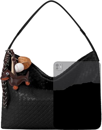 Image of Woven Tote Bag For Women,Vegan Leather Shoulder Bag Large Handbags Satchel Messenger Bag (BLACK+Toy)