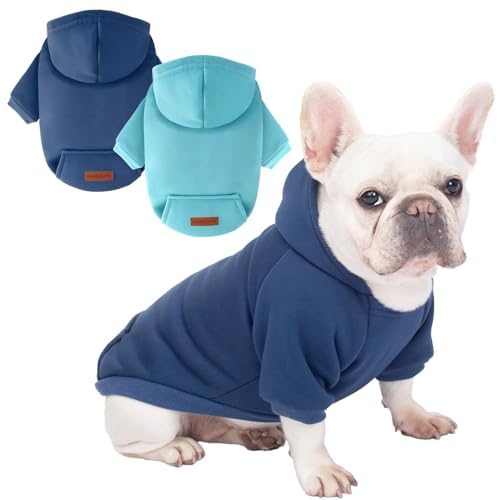 Image of 2 Pack Dog Hoodie Warm Hood Dog Sweater Cold Weather Small Dogs Sweatshirt Comfort Pet Clothes for Small Medium Dogs with Pockets (Navy+Blue, L (Back: 13.78 inch, Chest: 18.9 inch))