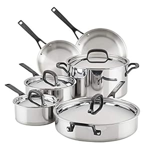 KitchenAid 5-Ply Clad Stainless Steel Cookware Pots and Pans Set, 10 Piece, Polished Stainless