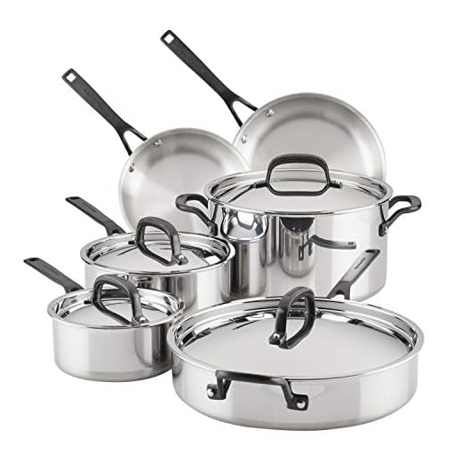KitchenAid 5-Ply Clad Stainless Steel Cookware Pots and Pans Set, 10 Piece, Polished Stainless