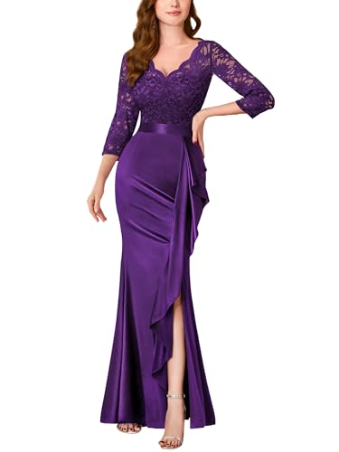 MISSMAY Women's Elegant Floral Lace V-Neck Formal Wedding Maxi Dress