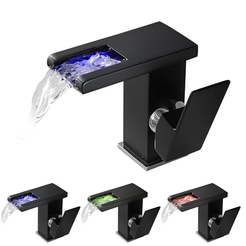 KEOKBON LED Lichter Bad Wasserhahn Schwarz, Farbtemperatur Wasserfall Waschtischarmatur, 3 Farbe Waschtischbatterie, Kaltes und Heißes Wasser Vorhanden, Einhandmischer Waschbecken Armaturen