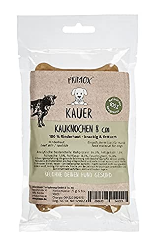 Primox KAUER Kauknochen 8 cm - 100% Rinderhaut knackiger & fettarmer Kausnack für Hunde vom Rind - Hundeleckerlie/Kauknochen/Zahnpflege, 1er Pack (1 x 0.07 kilograms) Cover