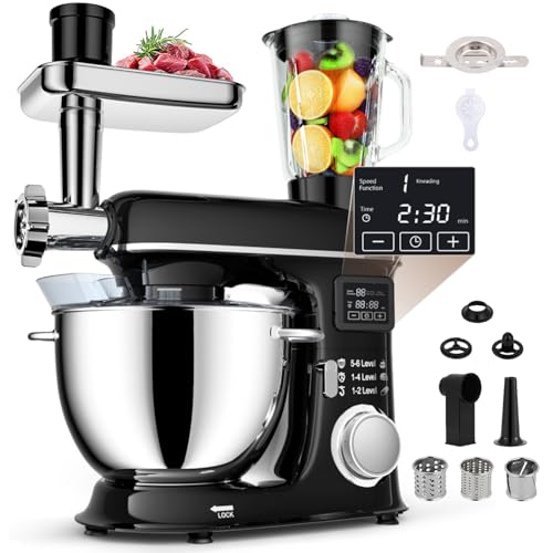 Dough Mixer,Electric Stand Mixer with LED Display, 6 Speed Tilt-Head, Includes Stainless Steel Bowl, Glass Jar, Meat Grinder, Dough Hook, Whisk, Pasta Attachment for Baking and Cooking
