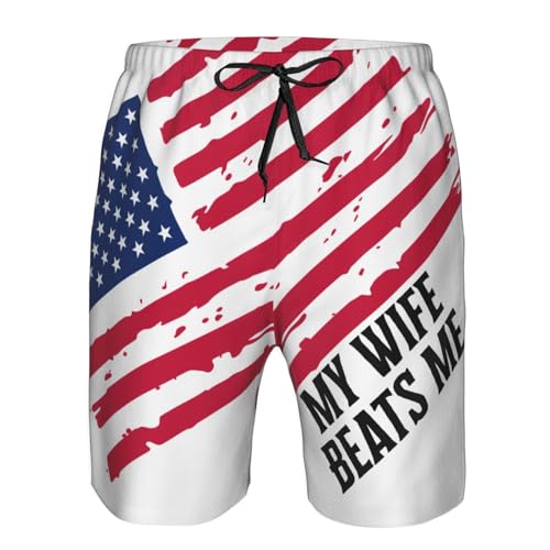 My Wife Beats Me Swim Trunks Funny Husband Wife Quote Men's Beach Shorts - Main Image