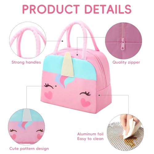 Image of Zibuyu Nylon Lunch Bag for School Kids Girls, 3D Unicorn Design (Pink) | Thick Aluminum Foil Insulated Portable Tiffin Bag with Hot & Cold Storage for Office, School, Picnic(23X14X19 Cm /500 Ml)