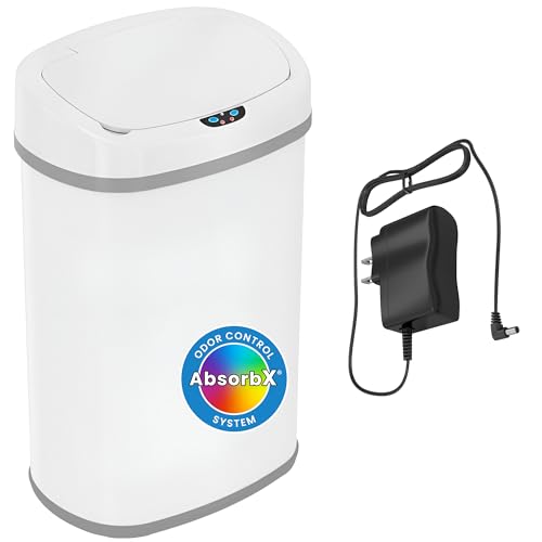 Image of SensorCan 13 Gallon Automatic Sensor Trash Can with Lid, AC Adapter Included, AbsorbX Odor Control, Chalk White Stainless Steel Kitchen Garbage Bin, Fingerprint-Proof, Hands-Free Operation, Oval