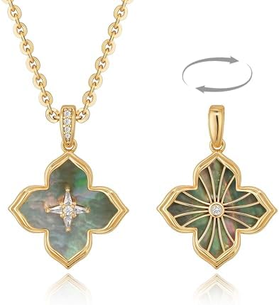 Fettero Necklaces for Women Gold Charm Necklace 2 Sided Lucky Clover Pendant 14K Gold Plated Chain Cross Mom Pearl Necklace for Women Jewelry