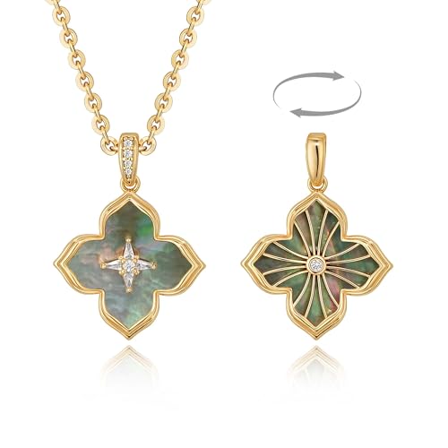 Fettero Necklaces for Women Gold Charm Necklace 2 Sided Lucky Clover Pendant 14K Gold Plated Chain Cross Mom Pearl Necklace for Women Jewelry