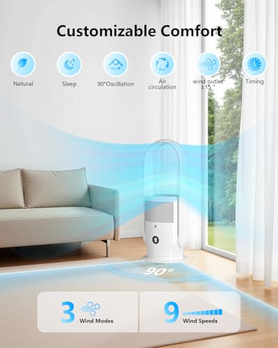 Image of ULTTY Bladeless Tower Fan and Air Purifier Combo, Quiet Oscillating Fan with Remote & Touch Control, 9 Speeds, 8H Timer, HEPA Air Filter, Safe Floor Fan for Bedroom Home Office White, 23.5 inchinch