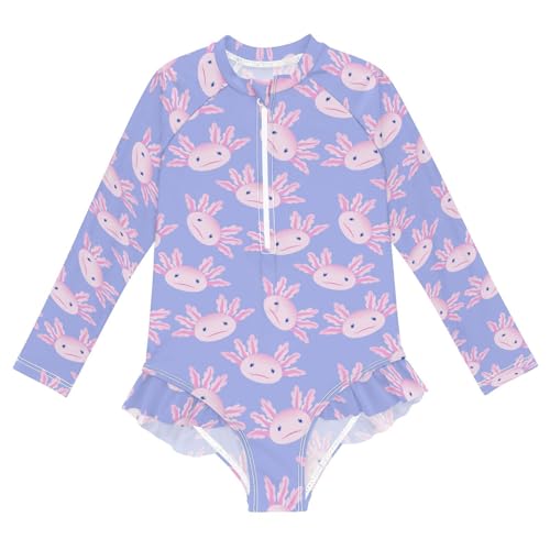 Girls Swimsuits Long Sleeve Bathing Suits Axolotls Animal UPF 50+ Sun Protection Swimwear 3-12 Years
