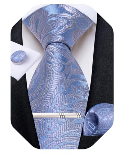 Image of DiBanGu Silk Floral Ties for Men Woven Paisley Necktie and Tie Clip Handkerchief Cufflinks Set for Party Wedding