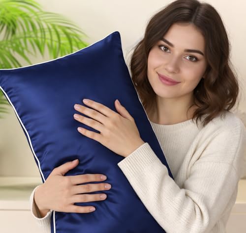 Image of BSB HOME Luxury Satin Silk Pillow Cover | 300 TC Ultra-Smooth Silky Finish | Premium Home Bedding Pillowcase | Soft, Glossy & Skin-Friendly Fabric | 18 x 28 Inches (Classic Navy)